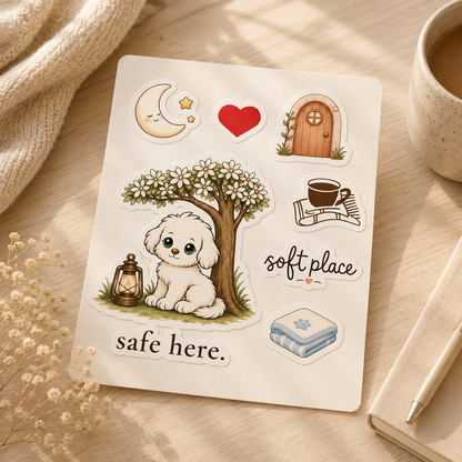 Kono Safe Here Sticker Sheet – Cozy Comfort Stickers for Journals & Laptops