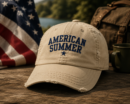 American Summer Distressed Dad Hat – Vintage Patriotic Embroidered Cap